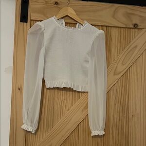 Aritzia White Textured Blouse with Sheer Sleeves